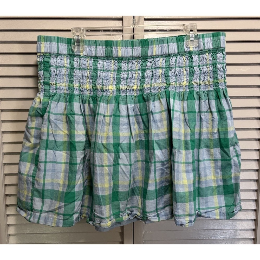 Mini Skirt Plaid Size L/XL A-Line Lined Ruffle Green/Yellow Smocked Waist